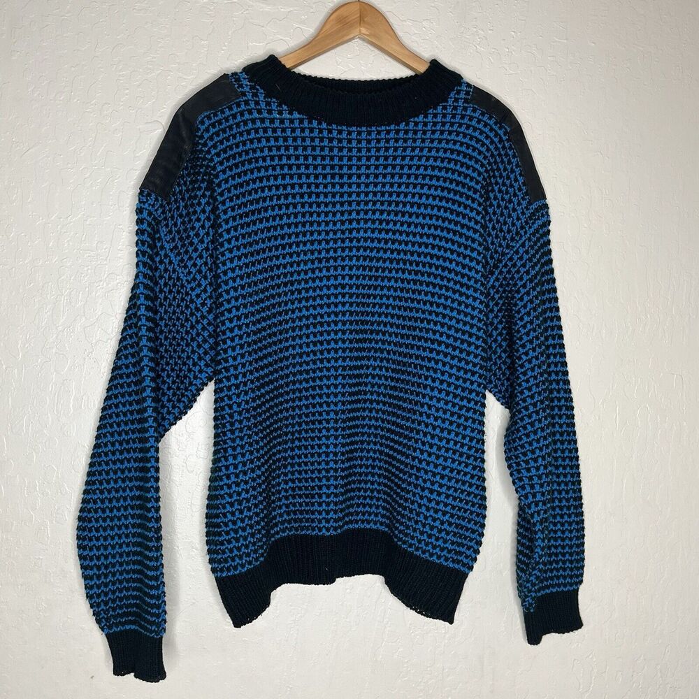 Vintage I.O.U Already A Legend Blue Black Leather Patch Knitted Sweater Mens L